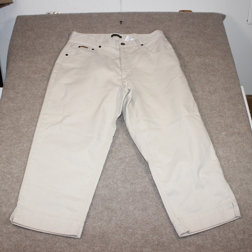 Eddie Bauer Khaki Cotton Twill Crop Pants Petite 12 Beige High Rise Straight Leg